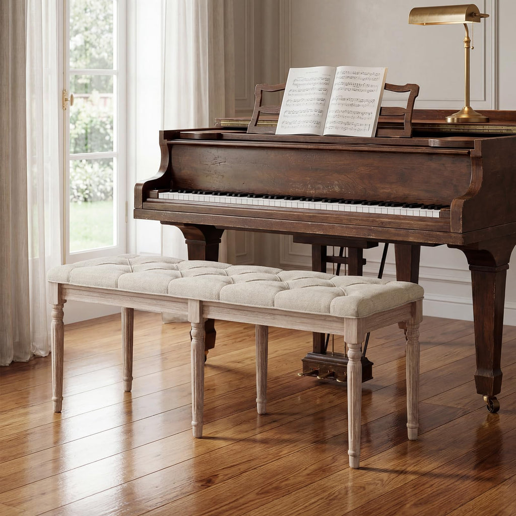 47.5-inches Upholstered Dining Bench, 2-Pack Button-Tufted Table Bench with Carved Rubber Wood Legs, Padded Seat