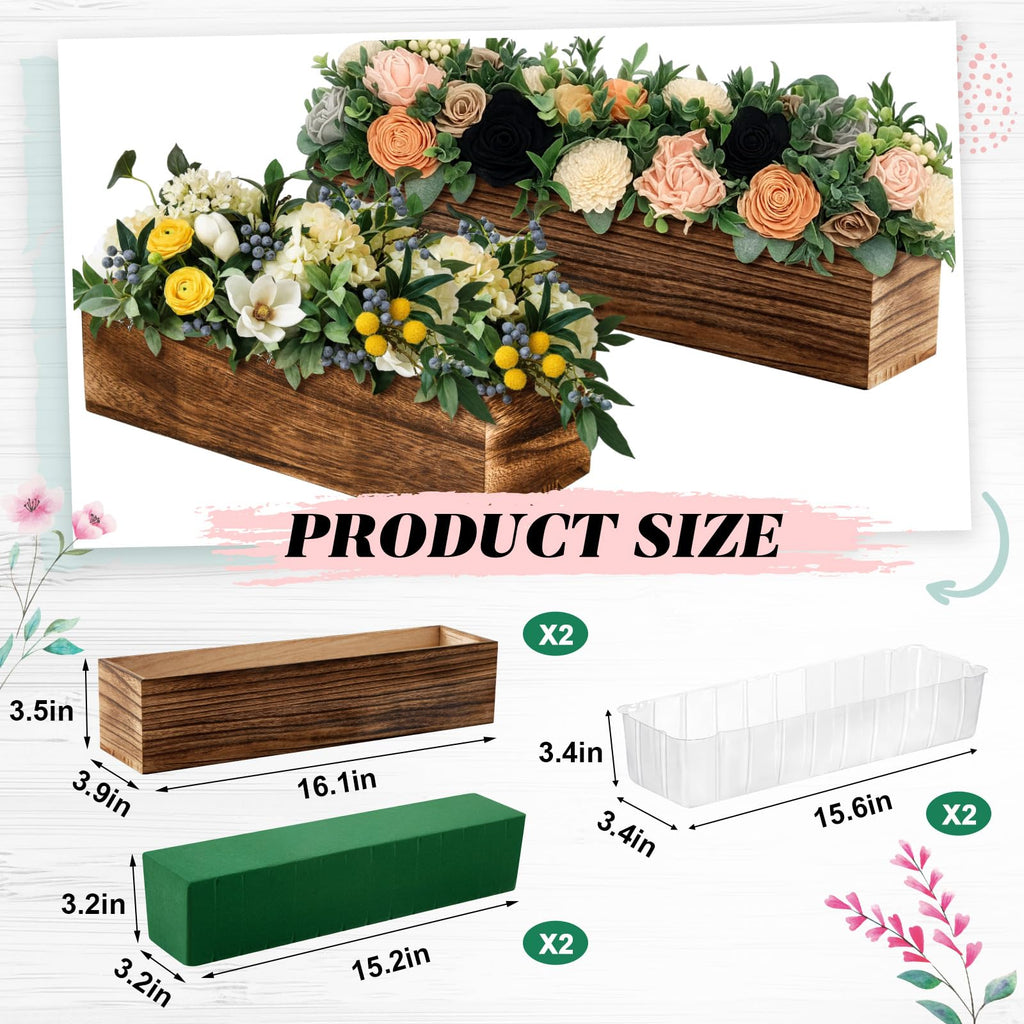 2 Set Wood Rectangle Boxes 16x4 Inch Rustic Planter with Liner