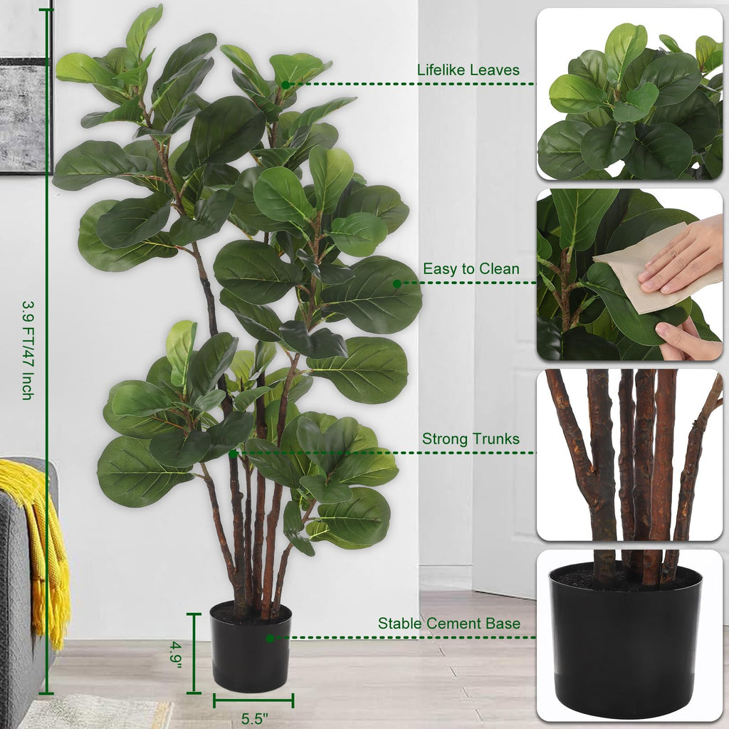 Artificial Fiddle Leaf Fig Tree, 4 Ft Faux Ficus Lyrata Tree