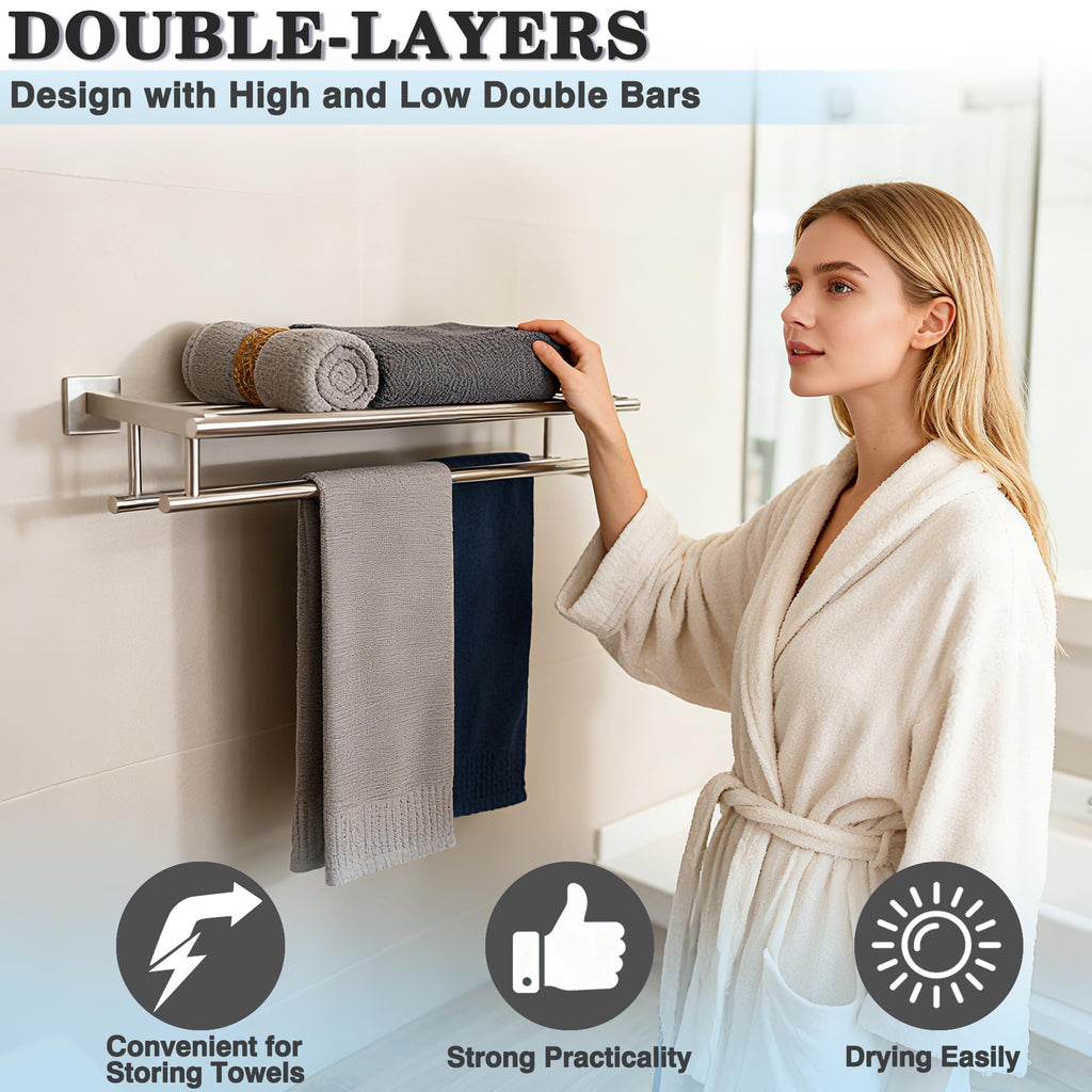 Double Towel Racks Wall Mount 24 Inch, Brushed Nickel