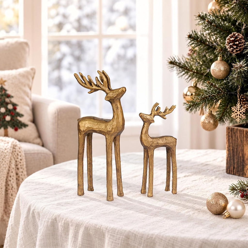 Gold Reindeer Christmas Decor: Set of 2 Iron Reindeer Figurines