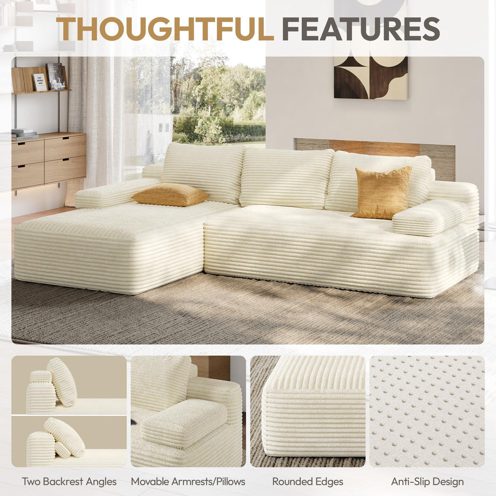 110" Sectional Sofa Boneless Couch with Chaise, Beige