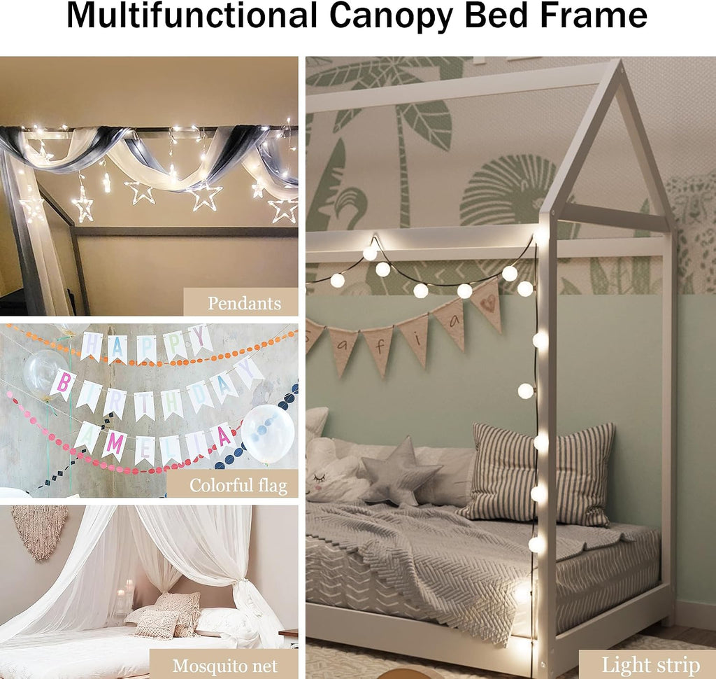 House Bed Frame with LED Light, Solid Wood Montessori Floor Bed with Wood Slats, Low Platform Kids Play