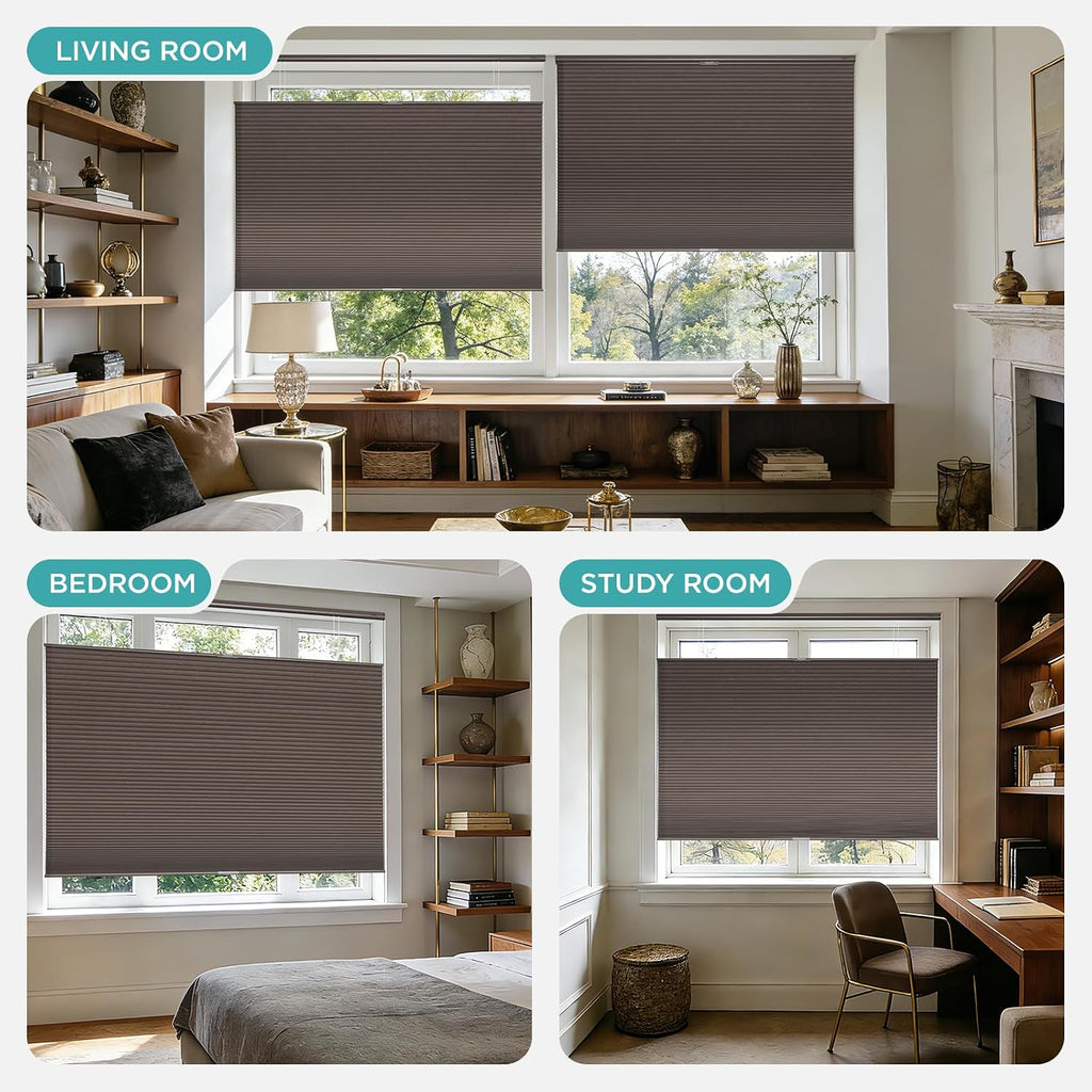 No Drill Blackout Cellular Shades, Brown, 22" W x 64" H | Cordless Top Down Bottom Up Blinds, No Drill Installation