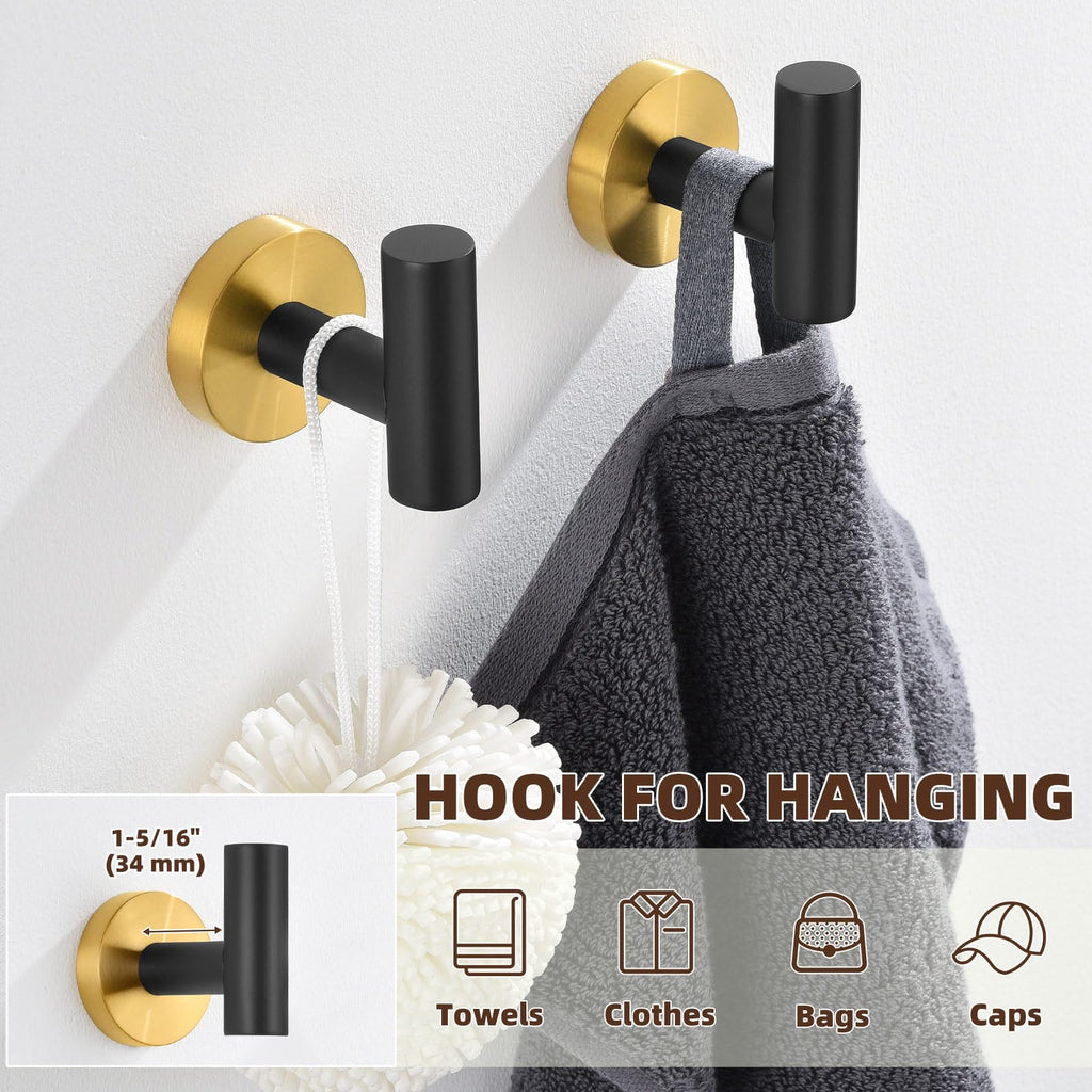 Black Gold Robe Towel Hooks, 2 Pack, Rustproof 304 Stainless Steel
