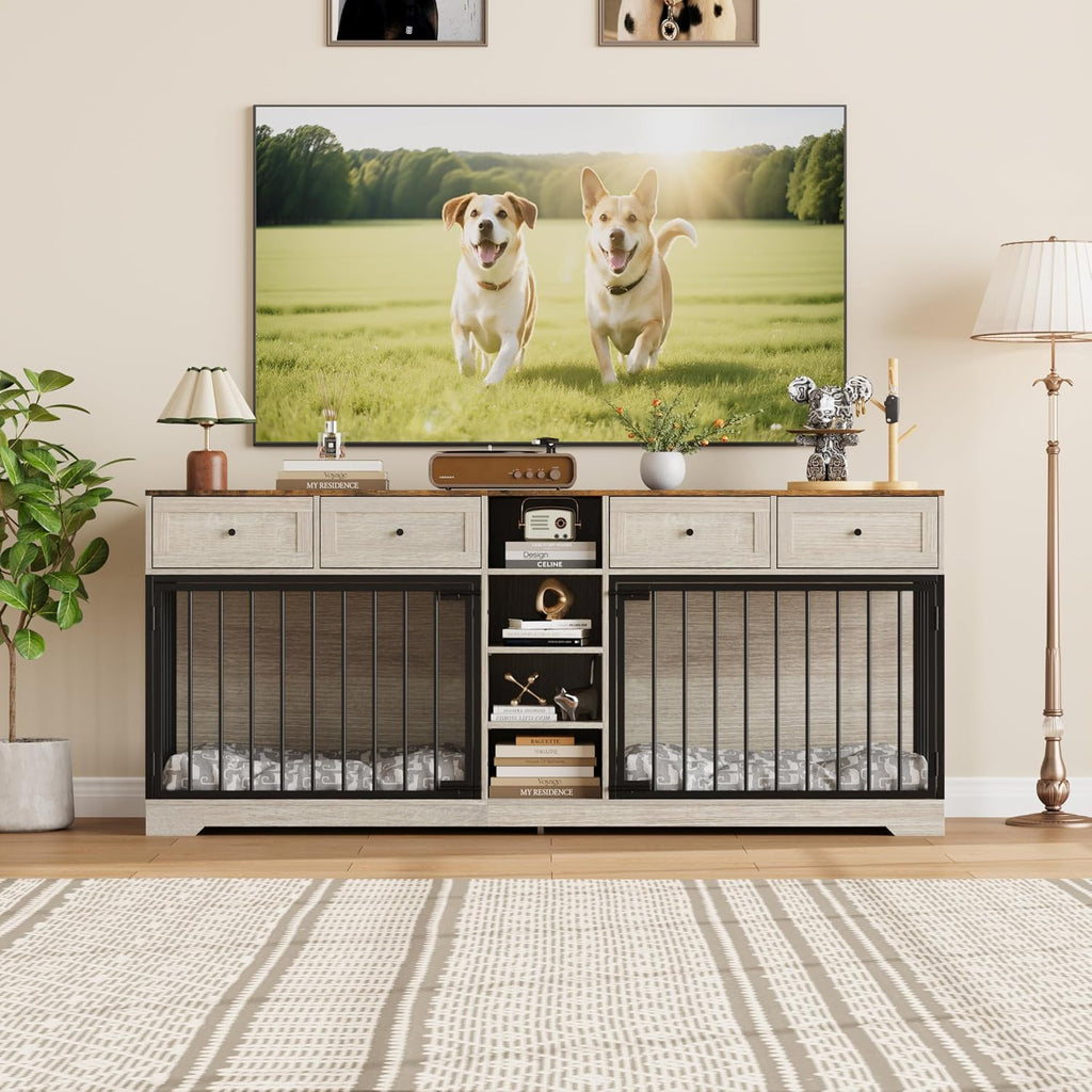 Double Dog Crate Furniture with Storage, Washed White
