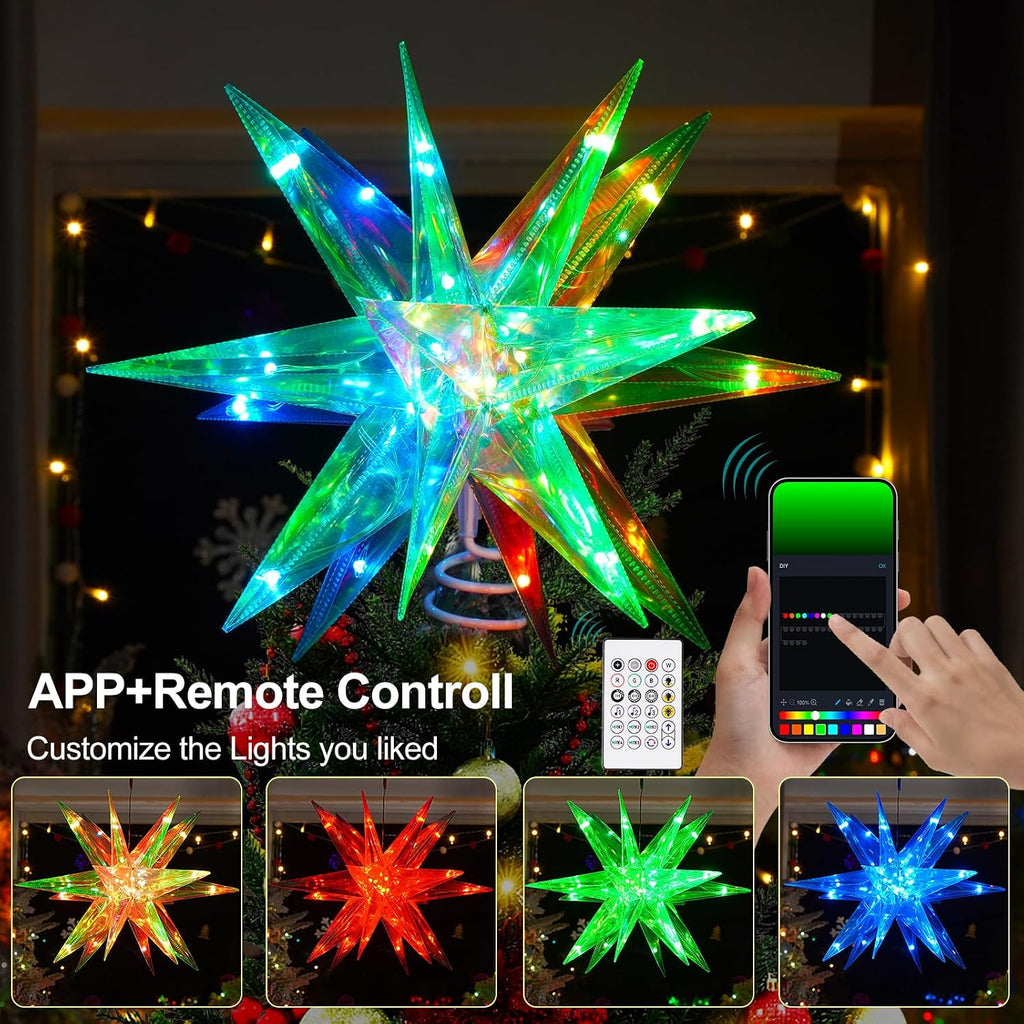 Christmas Star Tree Topper, 13.8" Xmas Smart Tree Decorations, Crystal-Like 3D Polygonal Shell, App Control LED