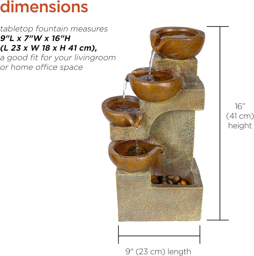 16"H Tabletop Tiered Pouring Pots Waterfall Fountain - Natural Stone-Look Finish Adds Rustic Charm - Brown