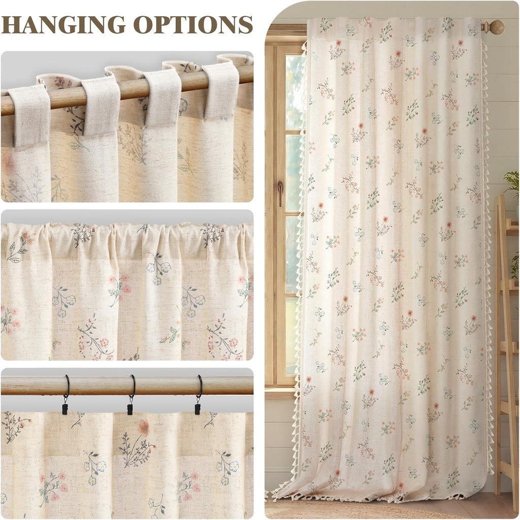 Boho Floral Spring Semi Sheer Curtains 84 Inch Length 2 Panels Set, Linen Texture Farmhouse Light Filtering Curtains