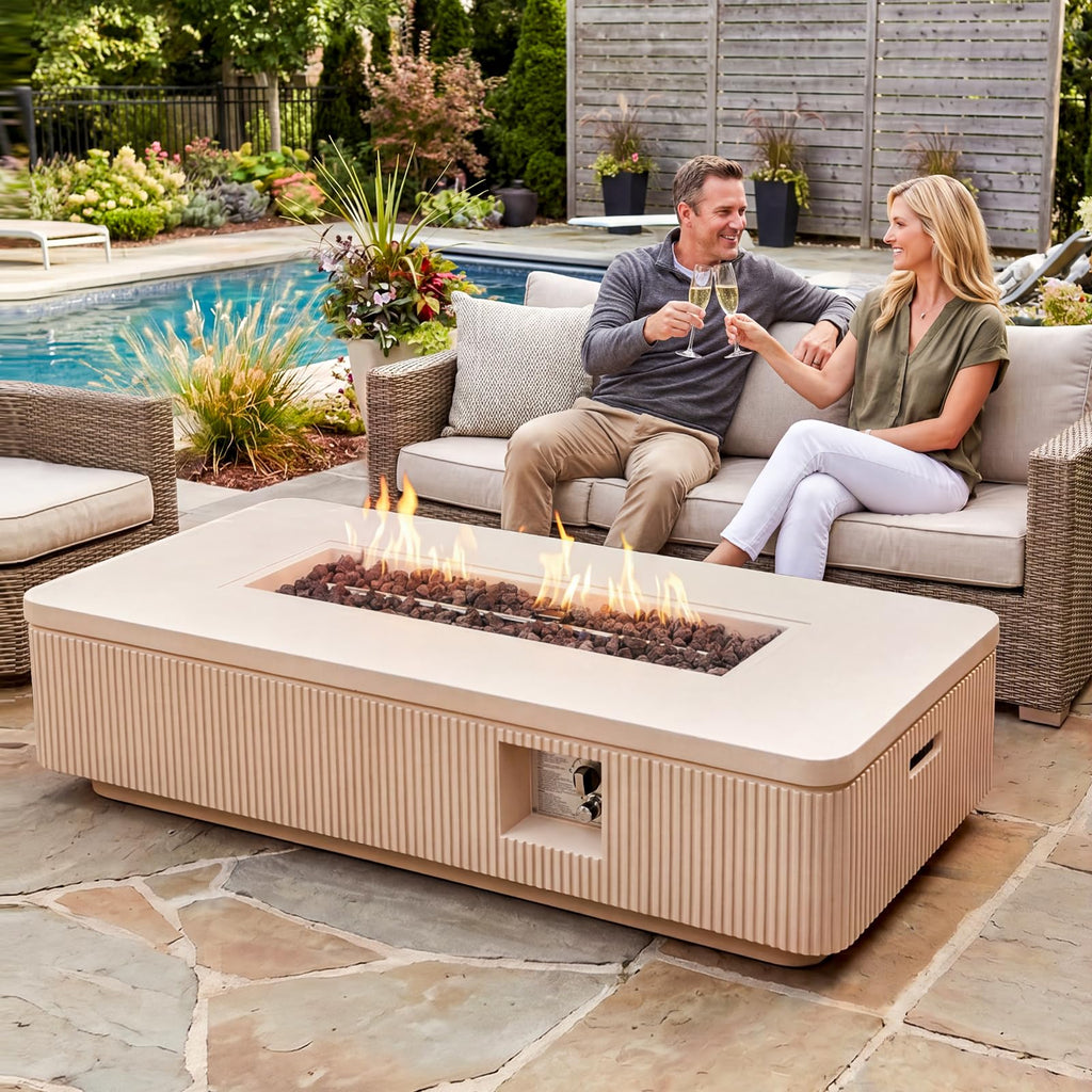 56" Propane Fire Pit Table - Outdoor Natural Gas Fire Pit for Outside Patio, Concrete Rectangle Firepit with