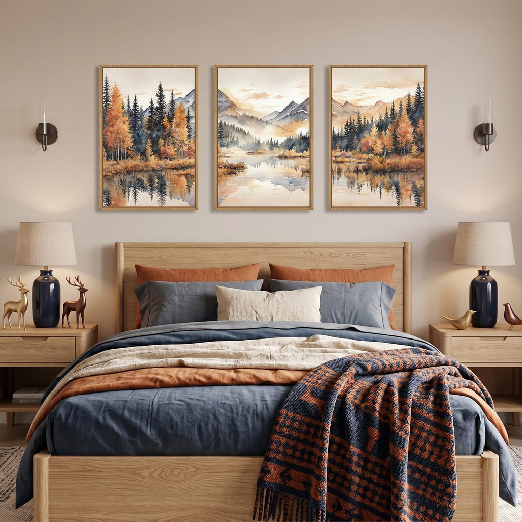 Large Neutral Mountain Framed Canvas Wall Art,Nature Foggy Forest Wall Decor,Watercolor Autumn Landscape Wall