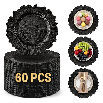 60 Pack Black Charger Plates, Reef Chargers for Dinner Plates