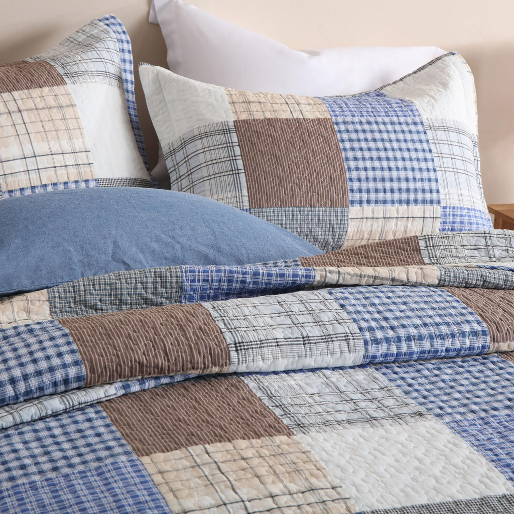 Comforter Set- 100% Cotton Quilt Set, Bule, Plaid bedspreads (96 * 108 Inch) with 2 Pillow Shams
