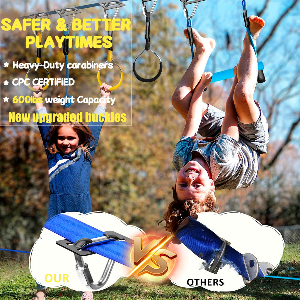Warrior Obstacle Course for Kids - 2 * 56FT Slackline Kit with 8 Obstacles | Upgraded Quick-Install Buckles (No