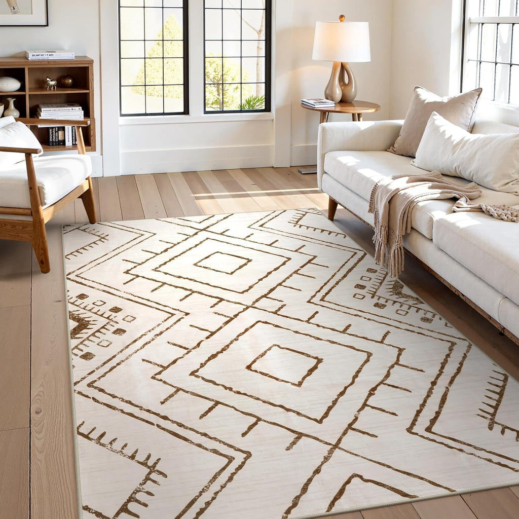 Western 5x7 Area Rug, Beige Washable Rugs Bedroom, Non Slip Moroccan Tribal Rug Low Pile Geometric Soft Boho Area
