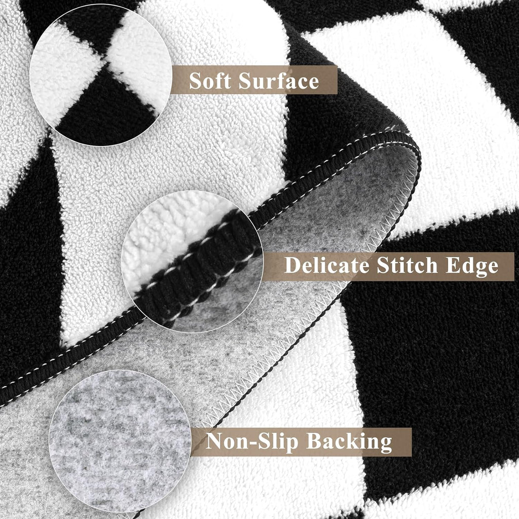 Large Checkered Area Rug, Non-Slip Soft Washable Living Room Rug with Rubber Backing, Low Pile Rug Floor Carpet