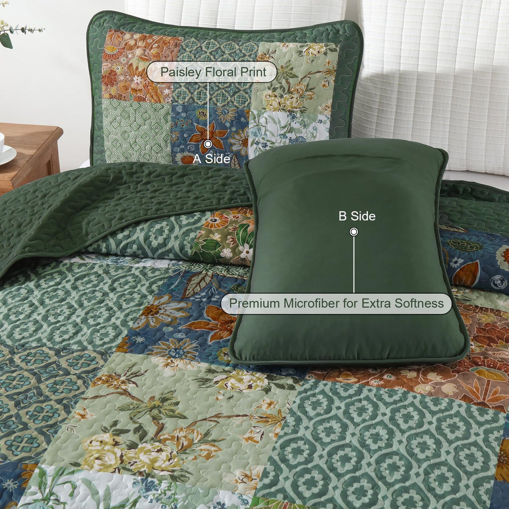 Patchwork Quilt Set Green Boho Rustic Floral Bedspread Coverlet