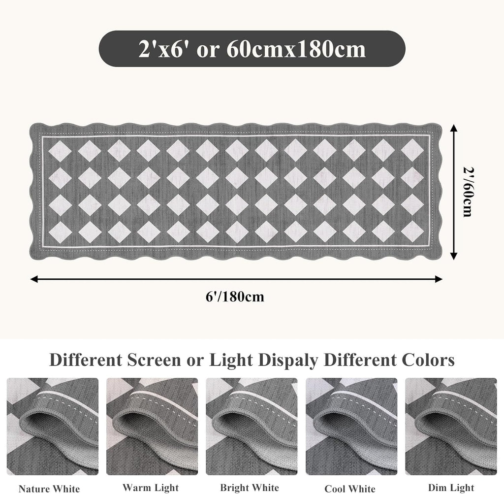 Checkered Hallway Runner Rug 2x6, Non Slip Washable Mat, Grey