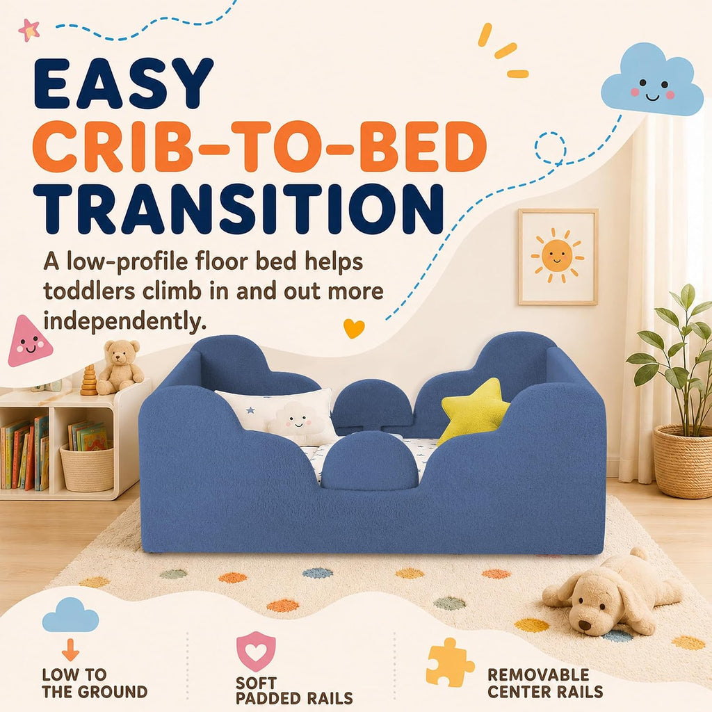 Toddler Floor Bed, Soft Montessori Bed with Removable Rails