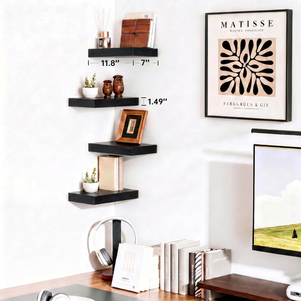 Black Floating Shelves, 12 Inch Wooden Shelf Set of 2