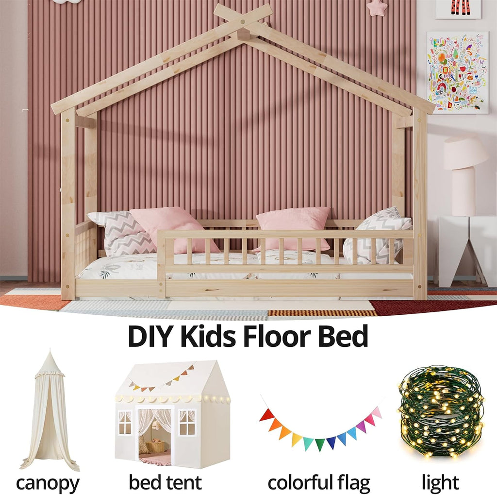 Tw Bed with Fence, Wooden Montessori Bed with Slats Support, Floor Bed Frame for Boys Girls Bedroom, Natural