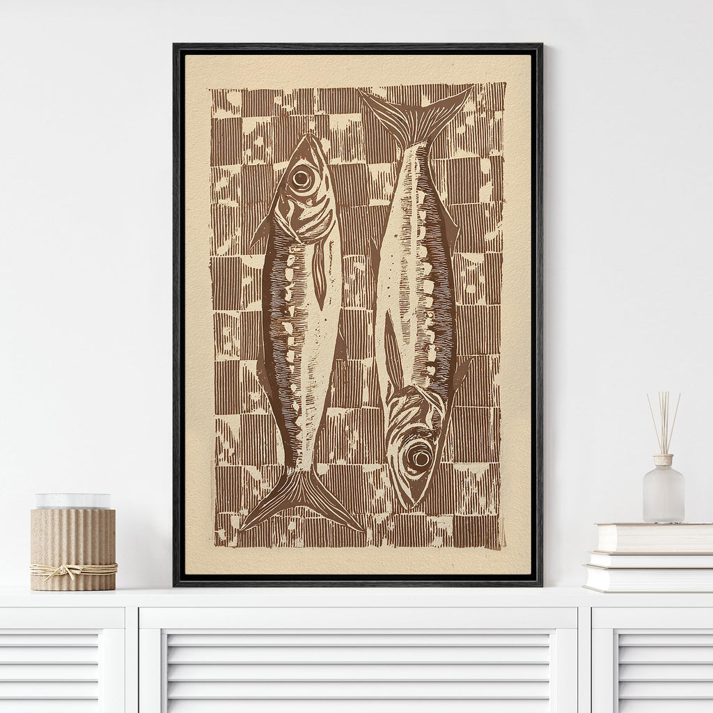 Framed Canvas Print Wall Art Vintage Fish Print Retro Woodcut Style Nautical Modern Art Contemporary Multicolor Ultra