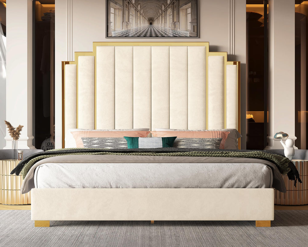 King Size Platform Bed Frame, 61.4" Velvet Upholstered Bed with Gold Trim Headboard/Wooden Slats/No Box Spring