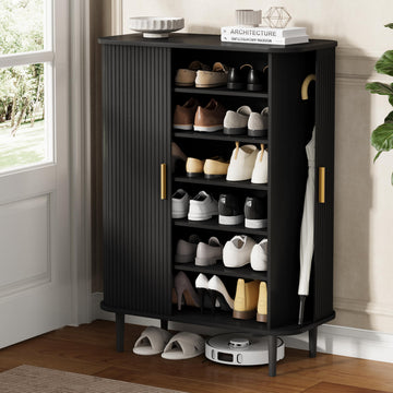 Shoe Storage Cabinet with Sliding Door, 6-Tier Shoe Cabinet with Adjustable Shelves, Mid-Century Modern Freestanding