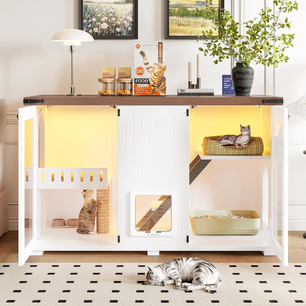 Farmhouse Cat Litter Box Enclosure with Stairs and Scratching Post, 47" Dual-Acrylic Door Cats House with LED Light