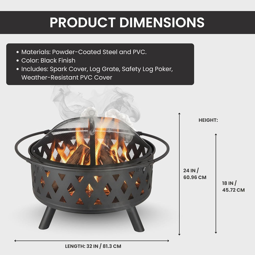 Fire Pit - 32-Inch Outdoor Wood Burning Firepit with Screen, Poker, and Cover - Outdoor Fire Pits