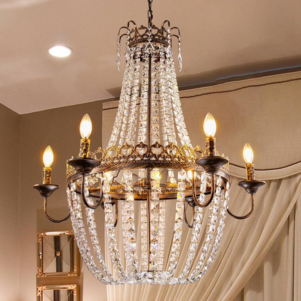 French Empire Crystal Chandelier, 6-Light Farmhouse Antique Bronze Chandelier, Hanging Ceiling Mount Light Fixture for Dining Living Room, Bedroom, Bathroom, Kitchen Island, Hallway, 31.5" W A108-B0CCZZCCYL
