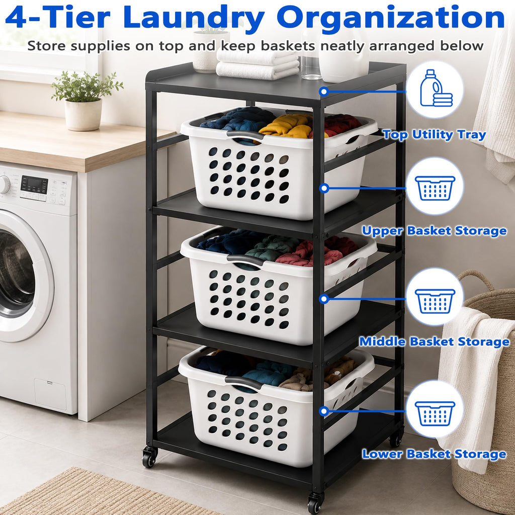 4-Tire Laundry Basket Holder Storage Shelf, Metal Stackable Laundry Sorter