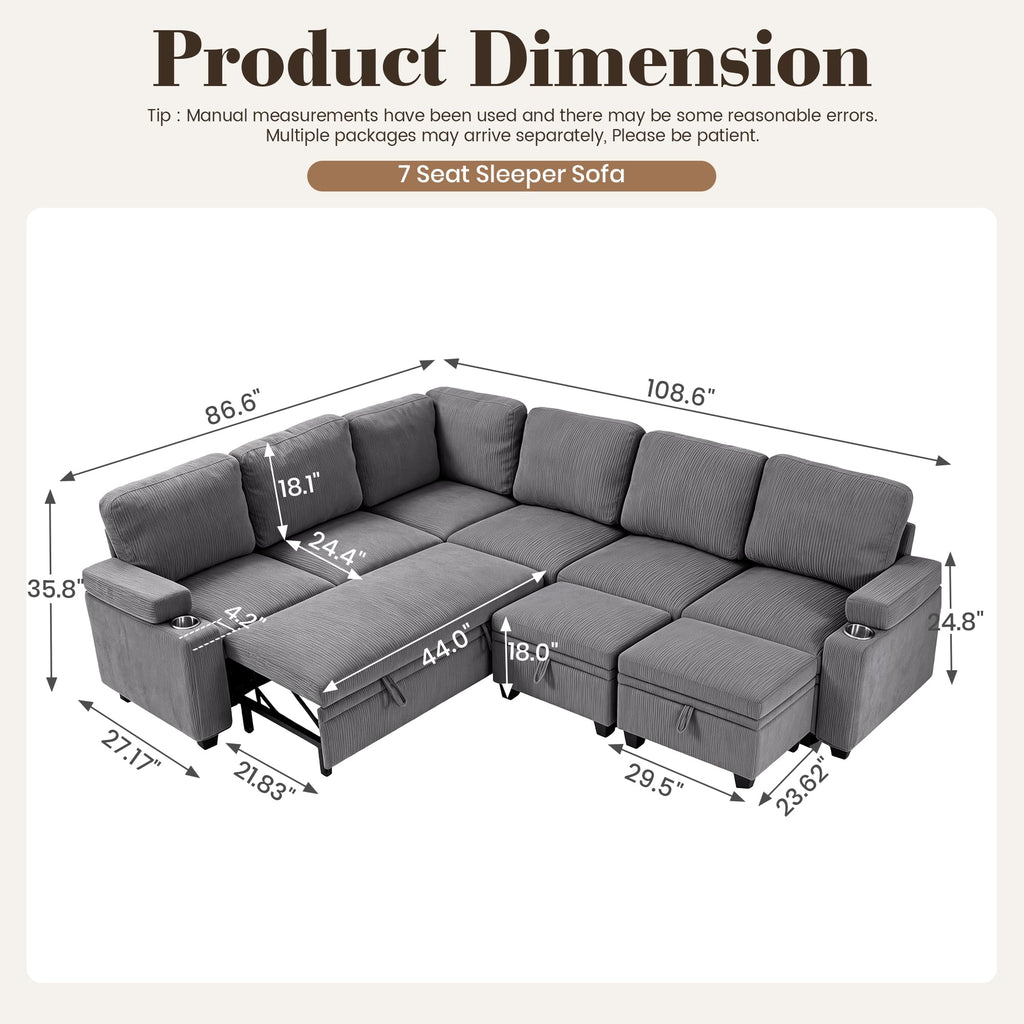 108" Modular Sectional Sofa Bed with Cup Holders, L-Shaped Pull Out Couch