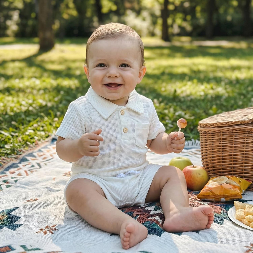 Baby Boy Summer Outfit Waffle Knit Short Sleeve Collared Romper Shorts Set 0 3 6 9 12