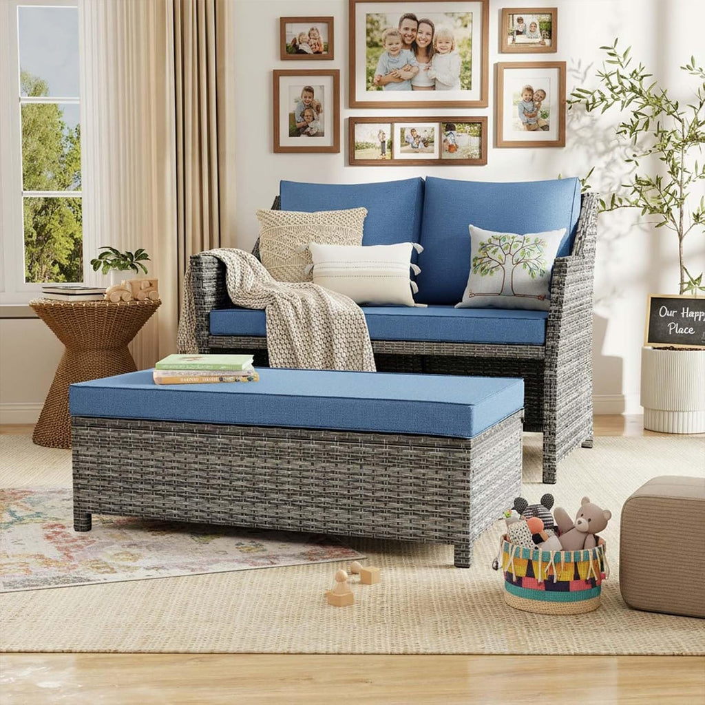 Wicker Patio Loveseat w/Storage Ottoman, 2 Pcs, Navy Blue | 2-Seat Outdoor Couch,w/Soft Cushions & Built-in Storage