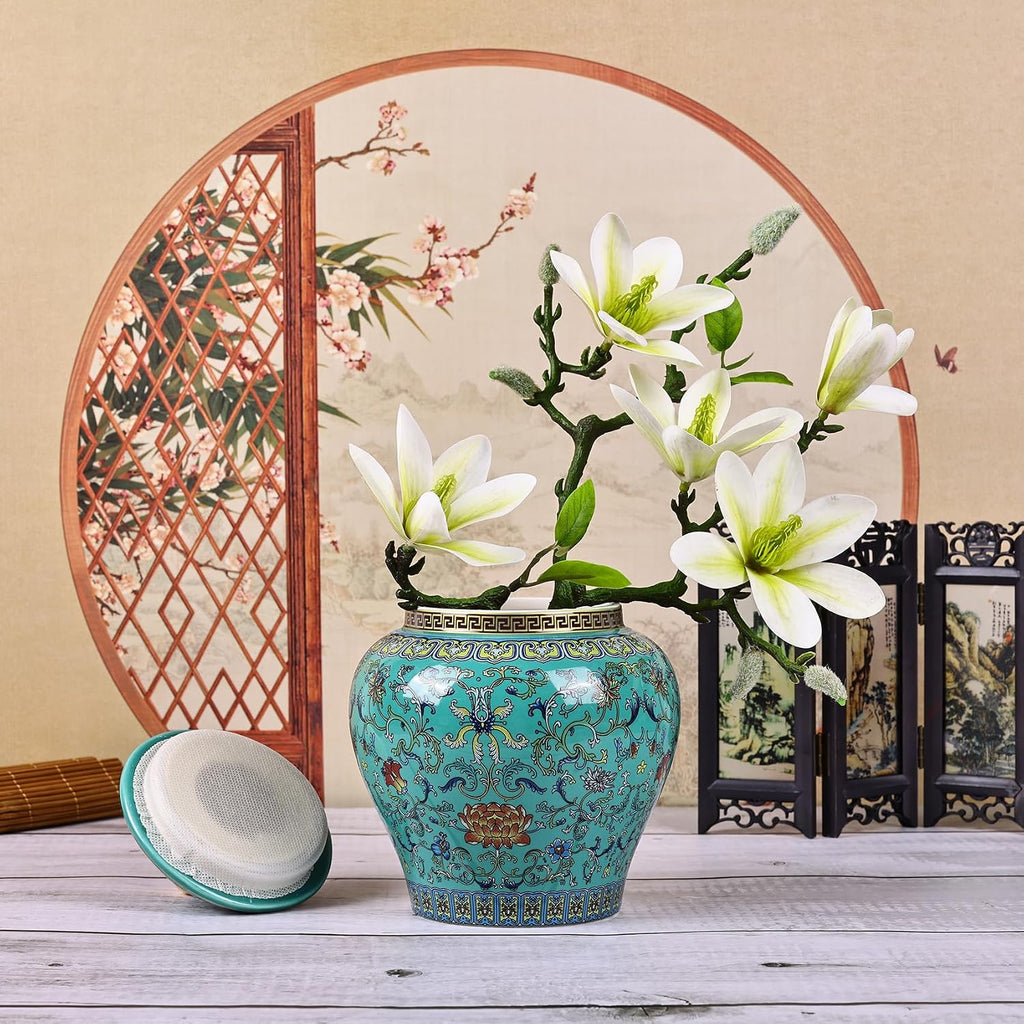 Handcrafted Enamel Ginger Jar-Vibrantly Colored Chinoiserie Vase,Blue and White Porcelain Ceramic Decorative Jar