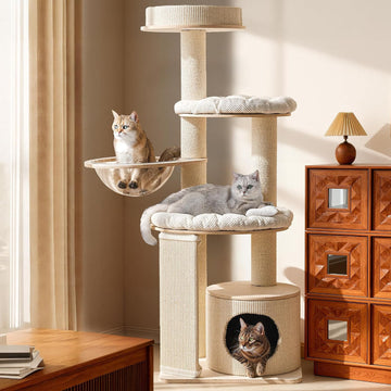 Modern Luxury Wood Cat Tree Tower for Large Cats, Wooden Cat Tower with Scratching Posts, Hammock, Oversized Perch