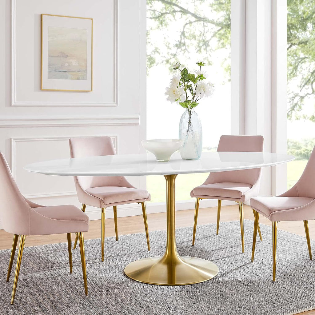 Inspired Tulip Style Oval Pedestal Dining Table — Gold Base / White Top, 78″ Oval
