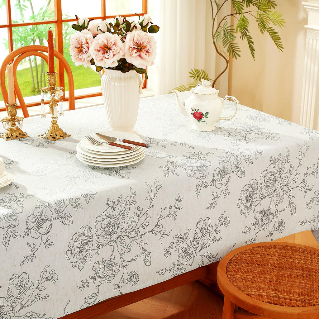 Premium Vintage Farmhouse Damask Floral 52 x 70 inch Rectangle Table Cloth - Water Resistant Linen Textured Jacquard