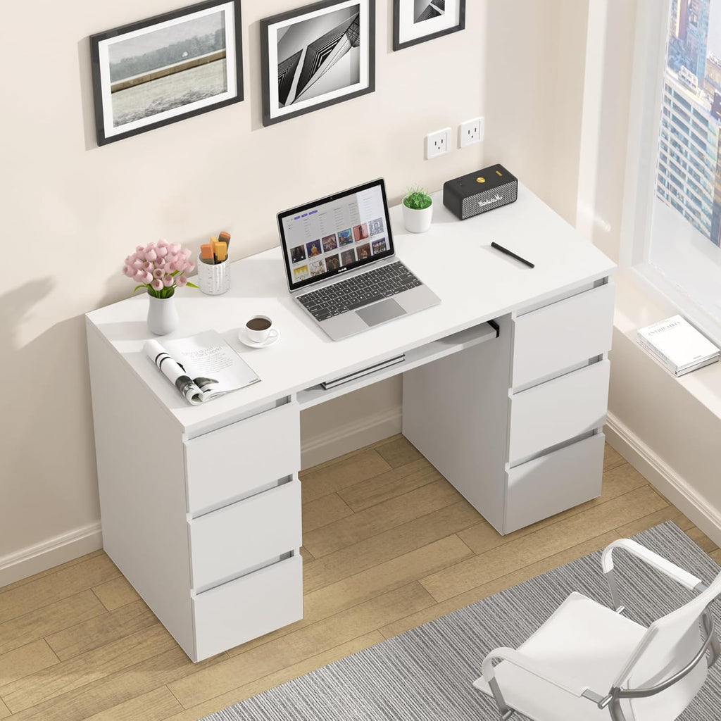 Computer Desk with 6 Drawers, 47'' Home Office Desk with Storage & Keyboard Shelf, White Gaming Desks