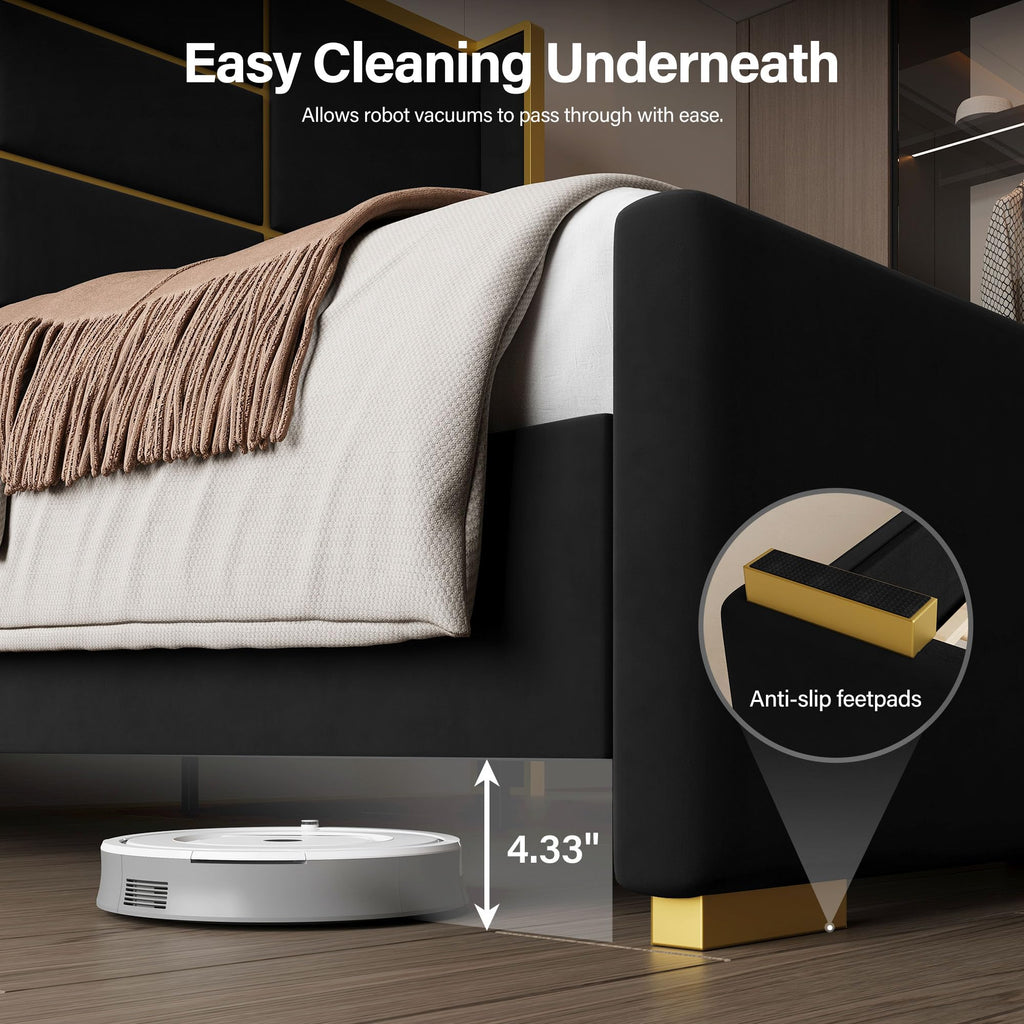 Queen Bed Frame with Headboard, 66.93" Tall Bed, Black and Gold