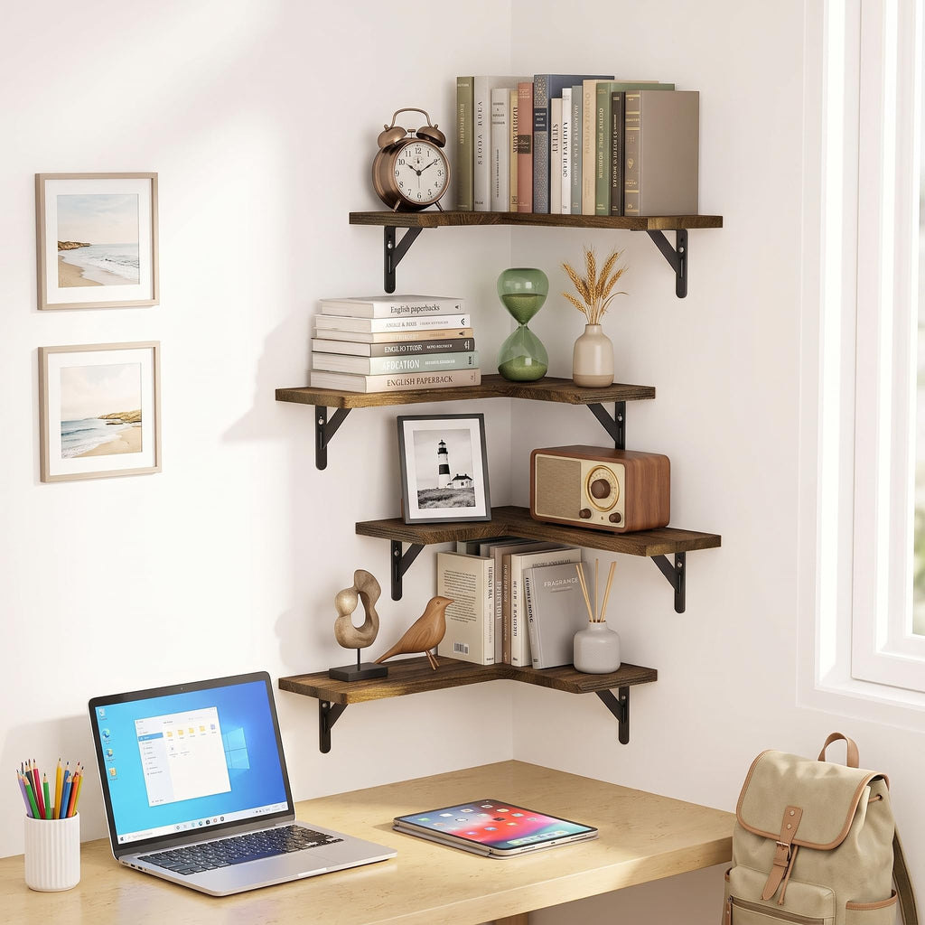 Corner Floating Shelves, Paulownia Wood, Set of 4, Brown