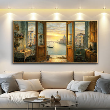 Large Framed Vintage Wall, Living Room Country Farmhouse Decor, Italy Venice Grand Canal Landscape Paintings, Canvas