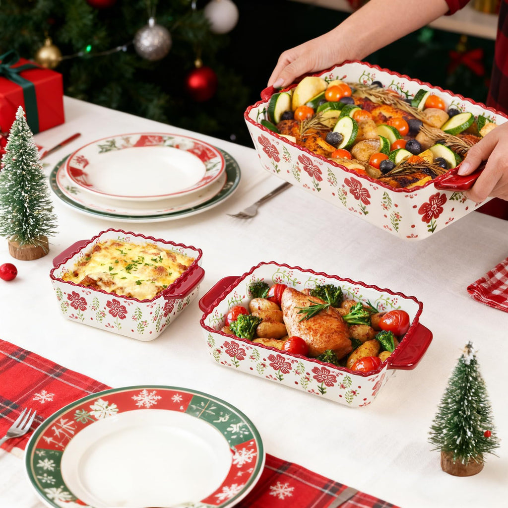 3 Pack Ceramic Baking Dishes, Rectangular Bakeware Set Hand-painted Lasagna Pan Porcelain Serving Bakeware for Pasta