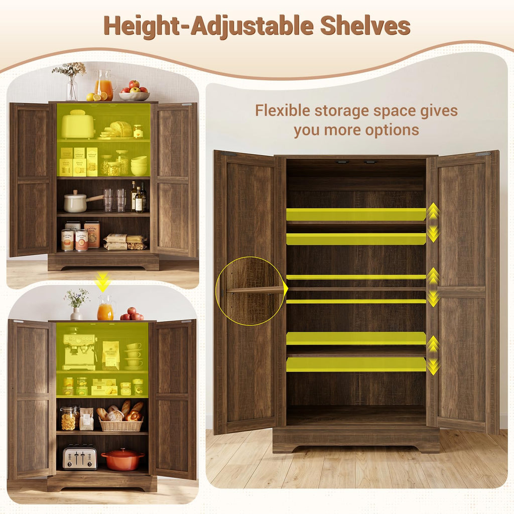 Kitchen Pantry Cabinet with Adjustable Shelves, Weathered Brown