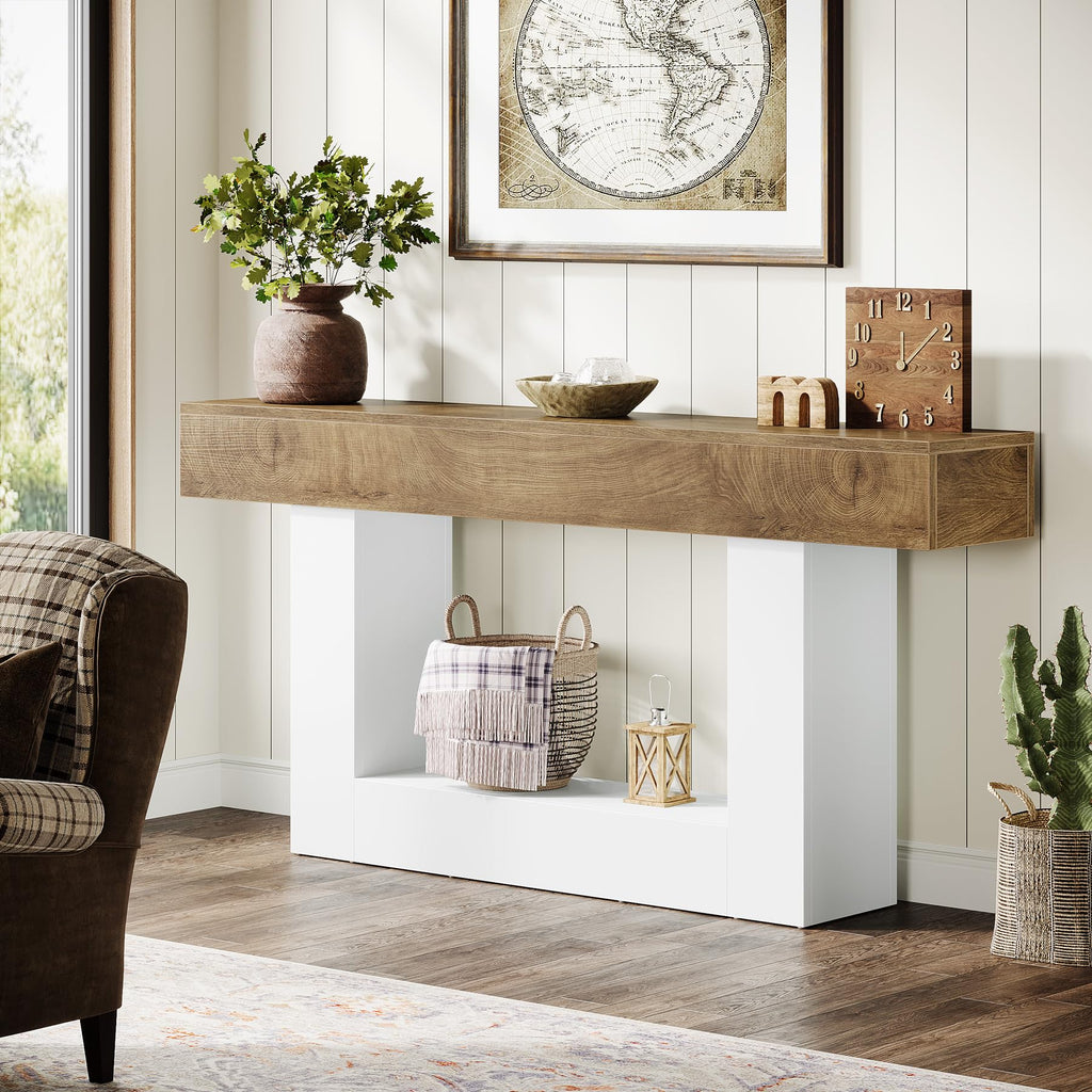 63" Console Table, Farmhouse 2-Tier Entryway Table with U-Shaped Base, Narrow Long Wood Sofa Table Behind Couch Table