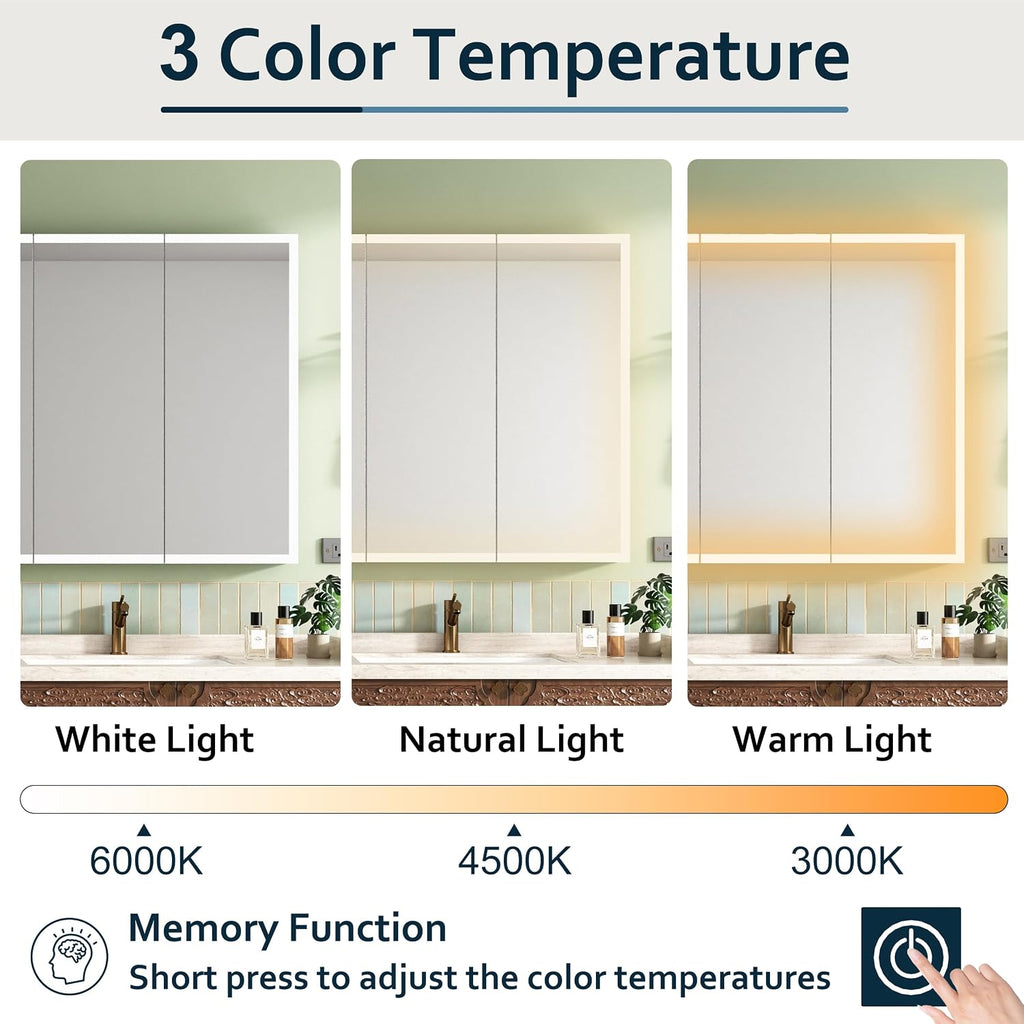 LED Lighted Medicine Cabinet with Mirror 16-in W x 26-in H Bathroom Mirror Cabinet with Wall Mounted 3 Color