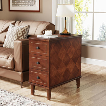 Solid Wood End Table, Fully Assembled Side Table with Drawers