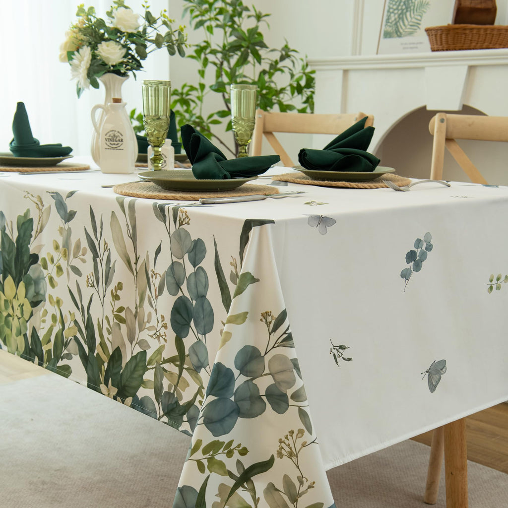 Summer Spring Tablecloth - Waterproof, Stain Resistant, Eucalyptus Floral Design for Dining, Kitchen, Outdoor