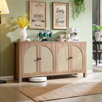 60" Rattan Sideboard Buffet Cabinet with Storage | Sideboard With Rattan Doors, Spacious Storage And Soft-Close